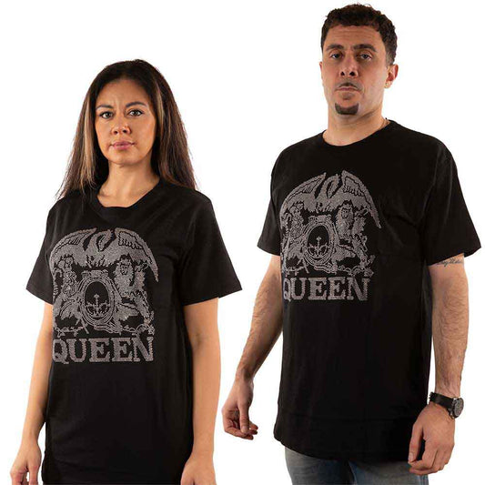 Black t-shirt with a sparkly, crest-shaped Queen band logo on the chest.