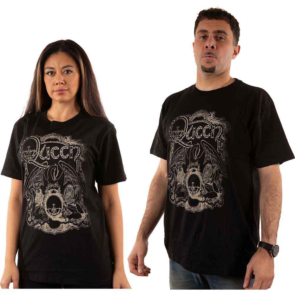 Black t-shirt with a large, sparkly ornate crest design, size XX-Large.