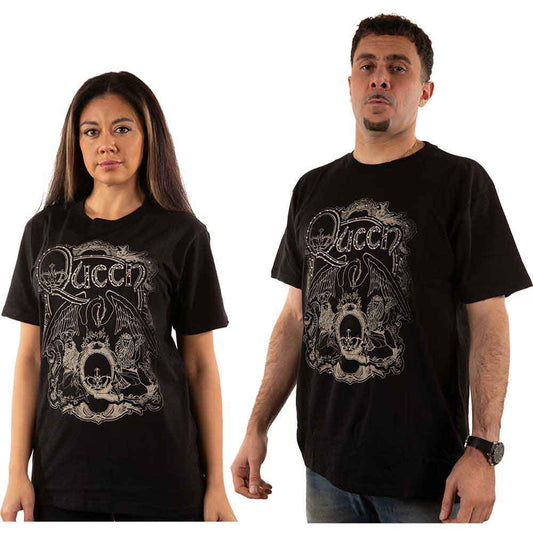 Black t-shirt with a large, sparkly ornate crest design, size XX-Large.
