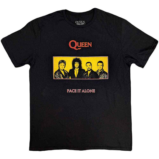 Black unisex t-shirt featuring a Queen Face It Alone graphic panel on the front.