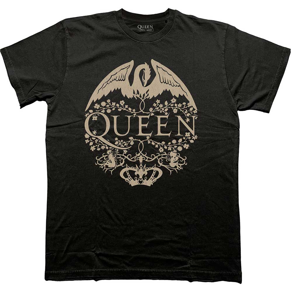 Medium, unisex t-shirt with a floral crest design in monochrome, Queen branded.