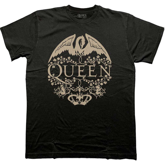 Medium, unisex t-shirt with a floral crest design in monochrome, Queen branded.