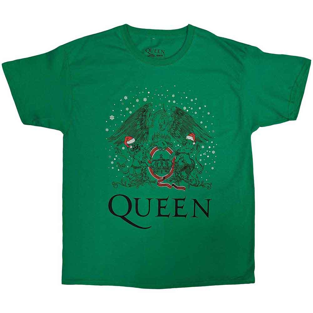 Medium, unisex t-shirt with a Queen band holiday crest design.