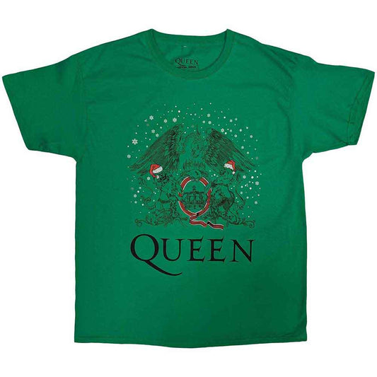Medium, unisex t-shirt with a Queen band holiday crest design.