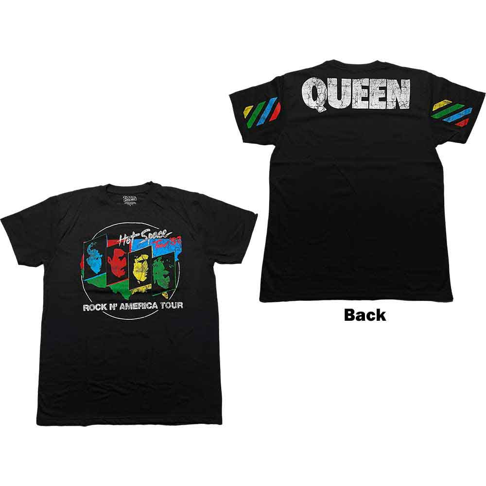 Black t-shirt with large back print of Queen’s 1982 Hot Space tour imagery.
