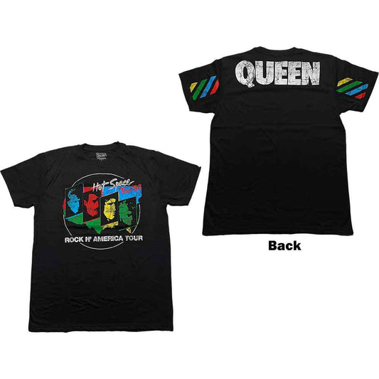 Black t-shirt with large back print of Queen’s 1982 Hot Space tour imagery.