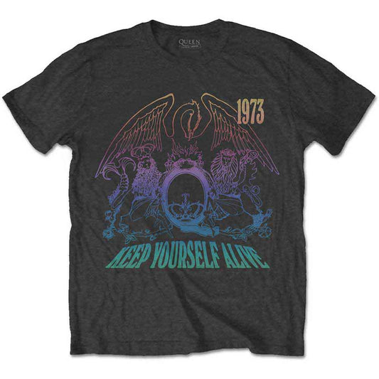 Black t-shirt with white “Queen” logo and “Keep Yourself Alive” text, size X-Large.