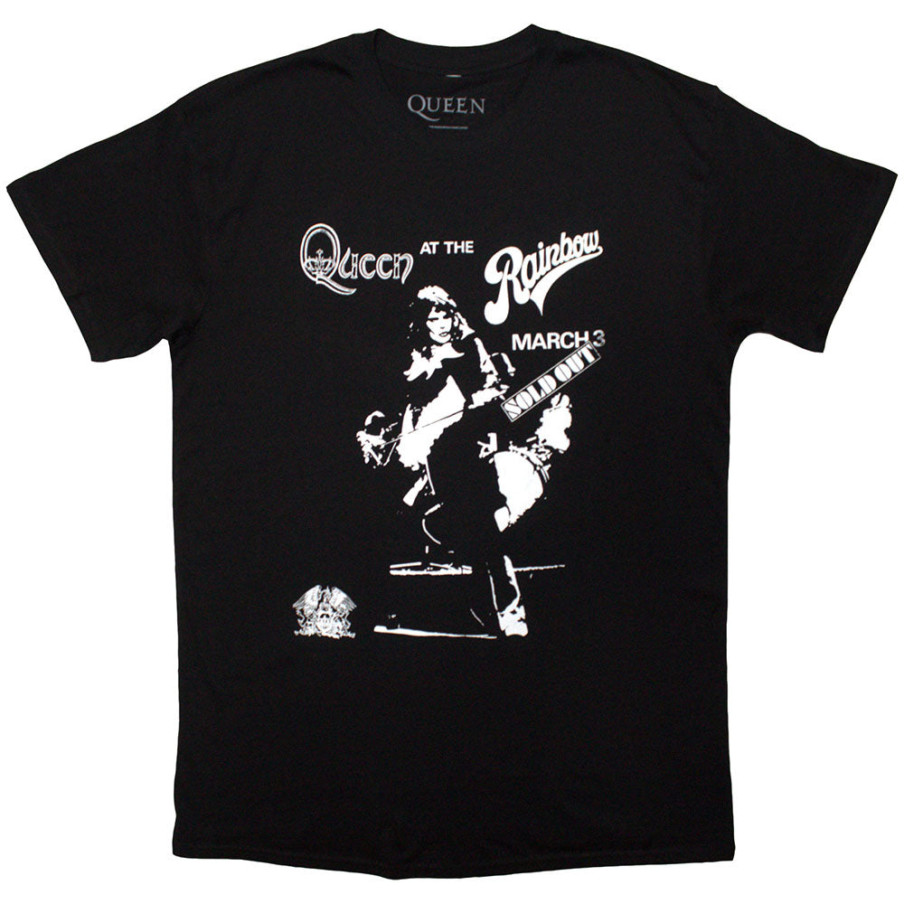 Black unisex t-shirt featuring a colorful Queen Live Rainbow graphic on the front.