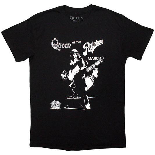 Black unisex t-shirt featuring a colorful Queen Live Rainbow graphic on the front.