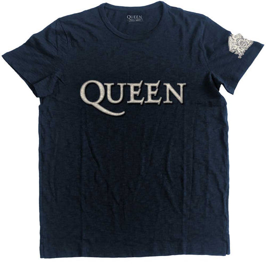 Navy blue t-shirt with a white Queen logo on the chest and crest sleeve patch.