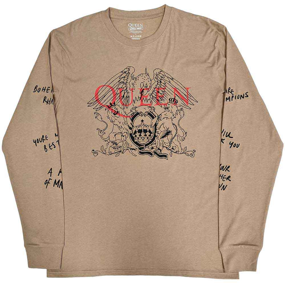 Long sleeve black t-shirt with white “Queen” handwriting print on sleeve.