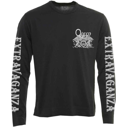 Black long-sleeved t-shirt with white “Queen Extravaganza” text and crest.