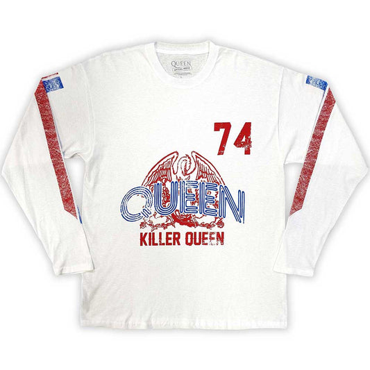 White long-sleeved t-shirt with Queen logo and striped sleeves.