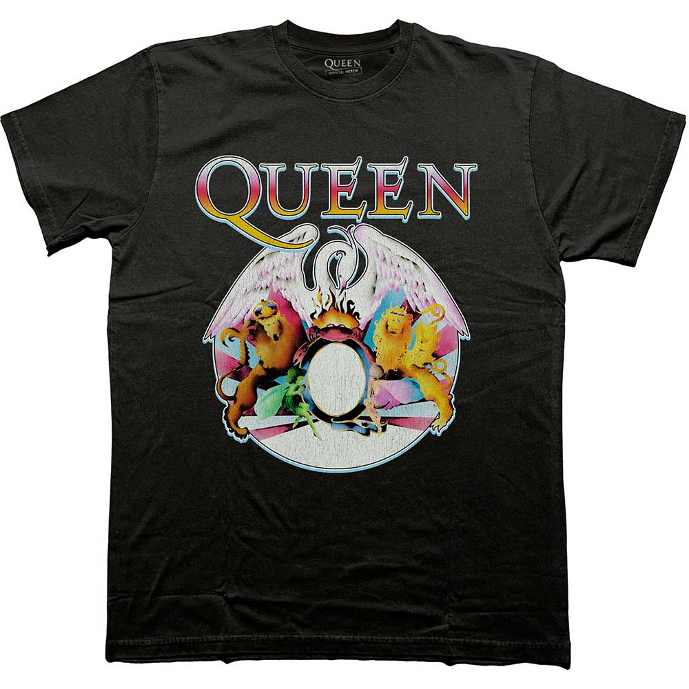 Black unisex t-shirt featuring the classic multi-coloured Queen band crest logo on the front.