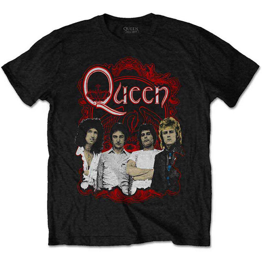Black unisex T-shirt featuring a detailed Queen band ornate crest graphic on the front.