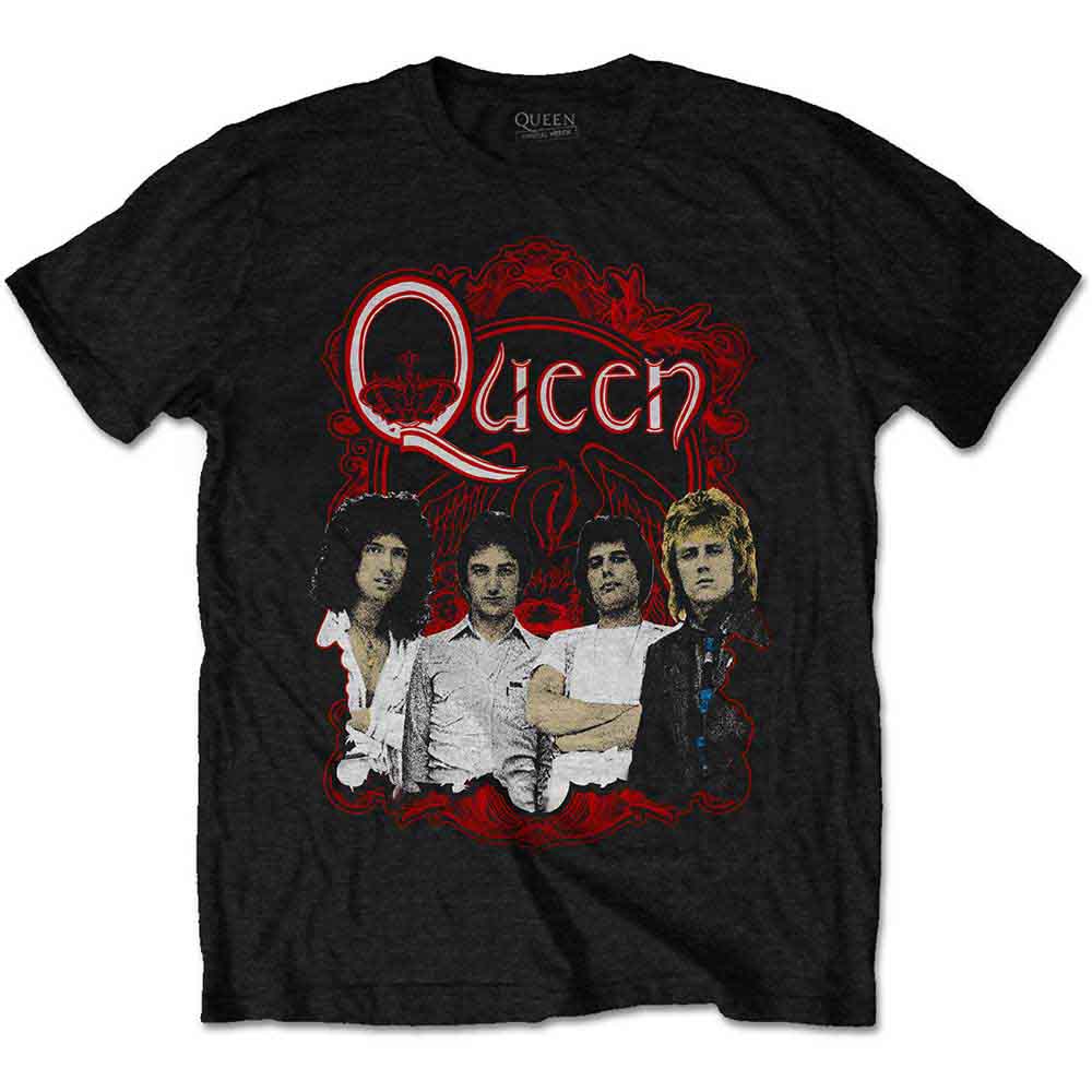 Black unisex T-shirt featuring a detailed Queen band ornate crest graphic on the front.