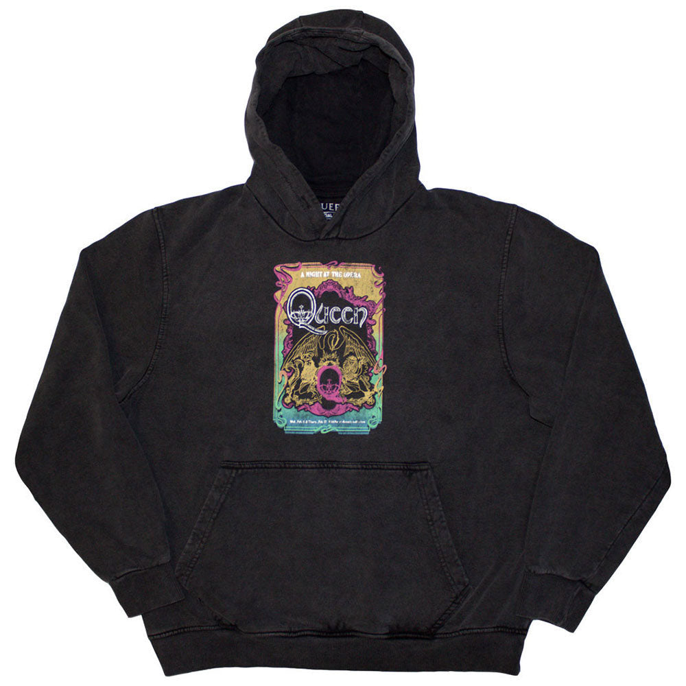 Black unisex pullover hoodie featuring a vintage Queen A Night At The Opera graphic.