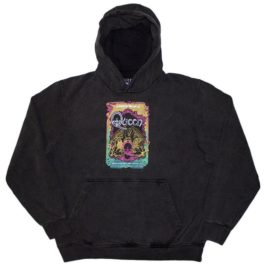 Black unisex pullover hoodie featuring a vintage Queen A Night At The Opera graphic.