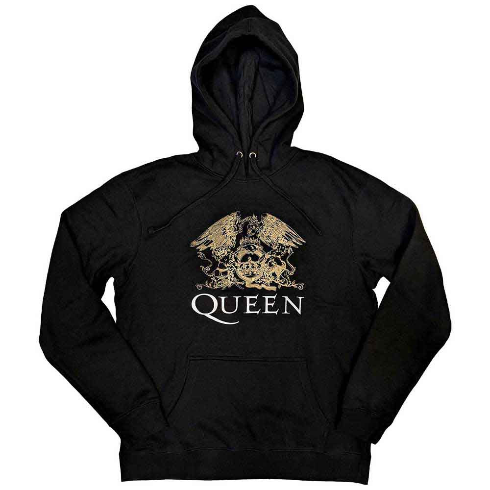 Dark gray unisex hoodie with a Queen crest design, size X-Large.