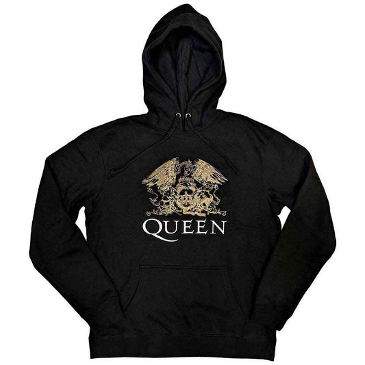 Dark gray unisex hoodie with a Queen crest design, size X-Large.