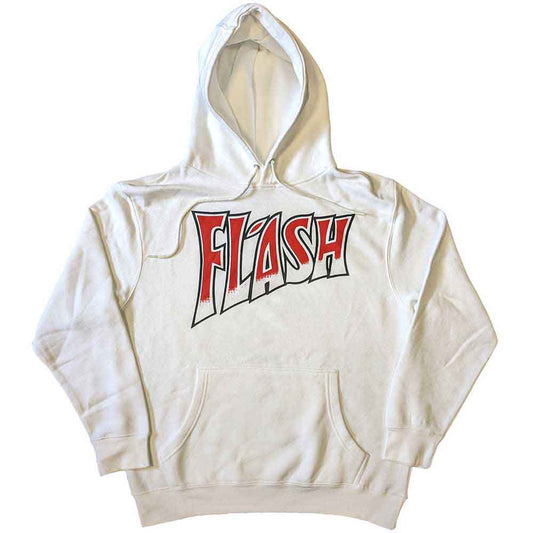 Large, unisex grey hoodie with a Queen band "Flash" logo print.