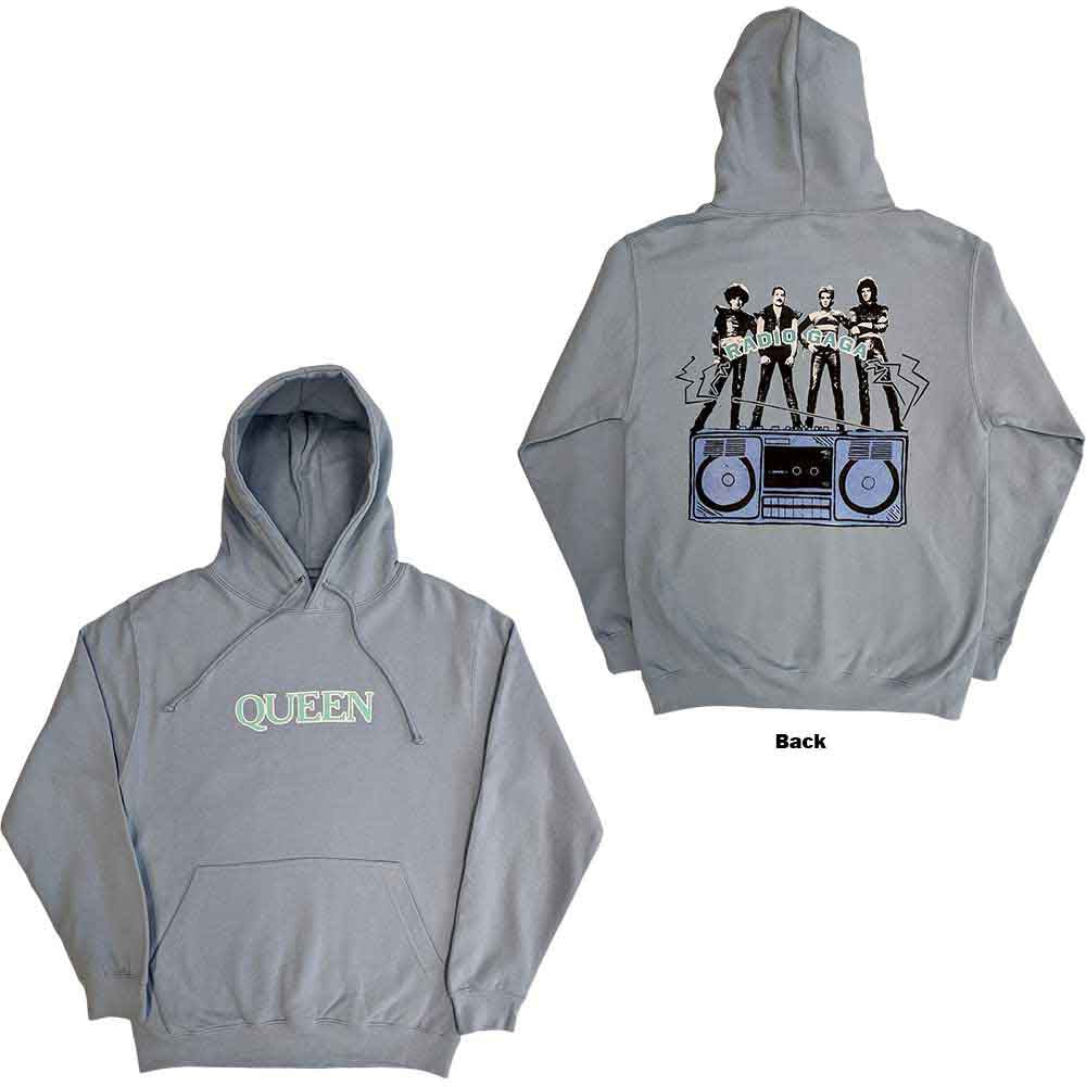 Black unisex pullover hoodie with a Queen Radio Ga Ga graphic printed on back.