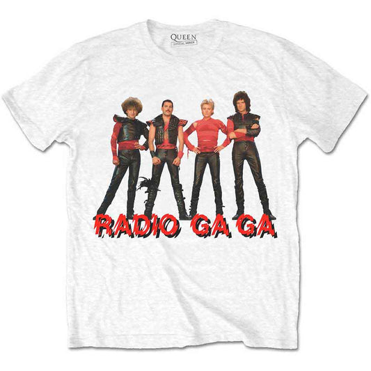 Black t-shirt with white “Radio Ga Ga” and Queen logo graphic, size X-Large.