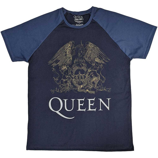 Black and white raglan T-shirt featuring the Queen band crest logo on the chest.