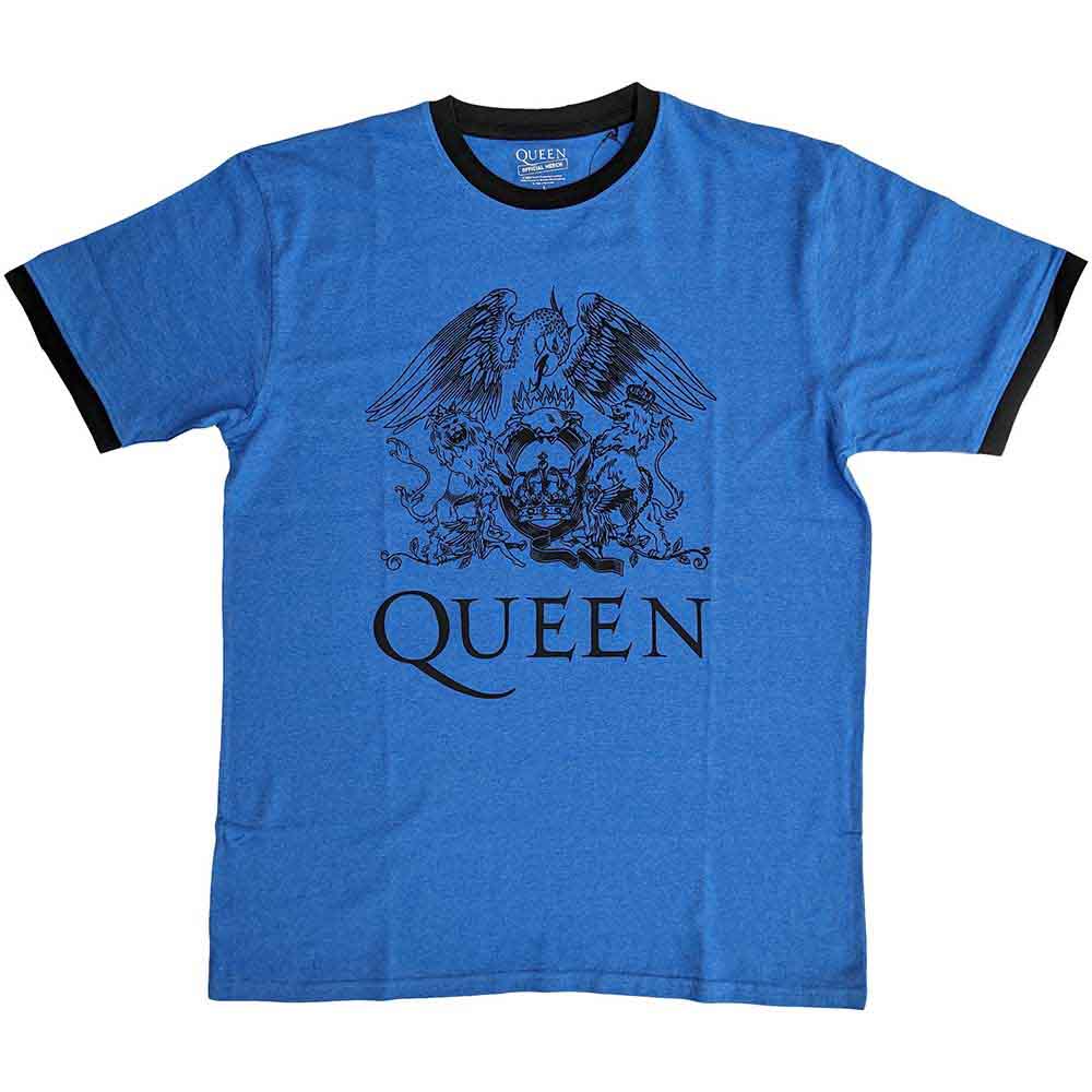 A white unisex ringer t-shirt featuring the Queen crest logo on the chest.