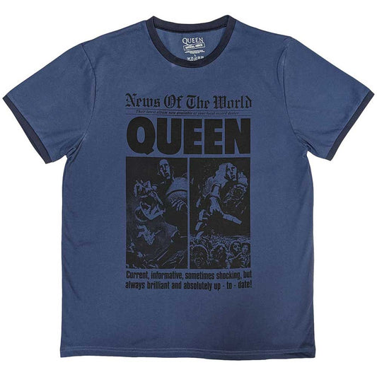 Black t-shirt with white collar, “News of the World” album cover graphic.