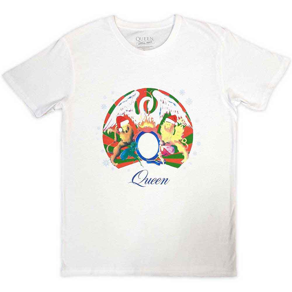 Black unisex T-shirt featuring a white Queen band logo with a snowflake crest design.
