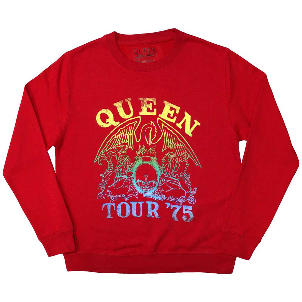 Grey sweatshirt with Queen's 1975 tour crest design, size small.