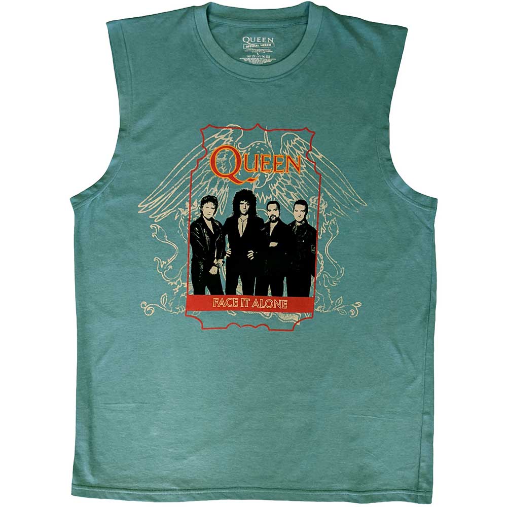 Black unisex tank top featuring the Queen band logo and Face It Alone graphic.