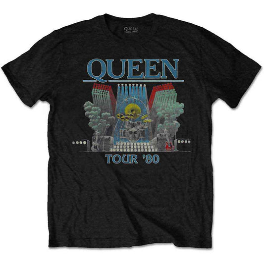 Black Queen Tour ‘80 t-shirt with cityscape graphic print.