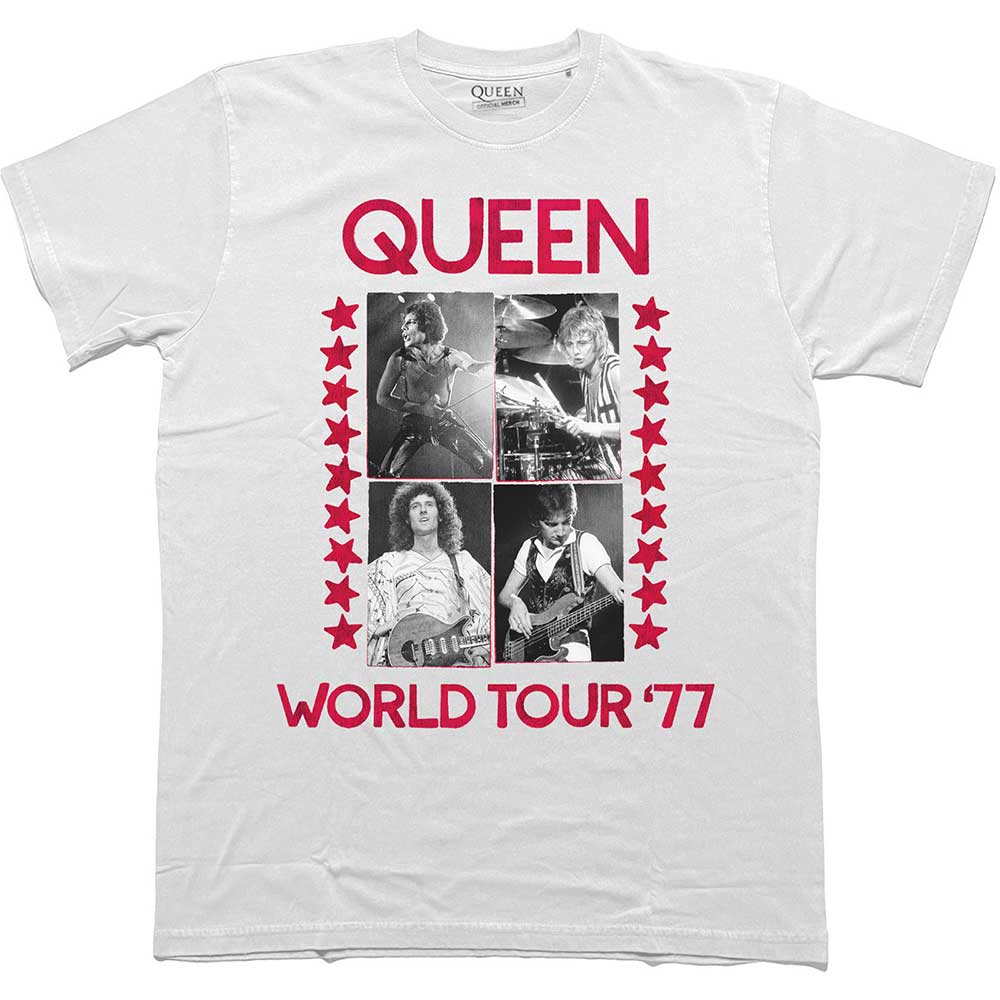 Black unisex t-shirt featuring a Queen World Tour 77 graphic print on the front.