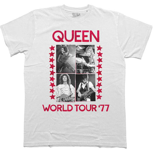 Black unisex t-shirt featuring a Queen World Tour 77 graphic print on the front.