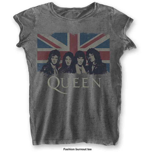 Gray women's t-shirt with Queen band members on a Union Jack.