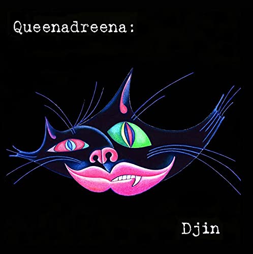 Album cover for Queenadreena’s “Djin” featuring a colorful cat-like face.