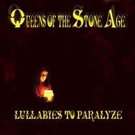 Queens of the Stone Age album cover, dark red tones, woman holding a book.