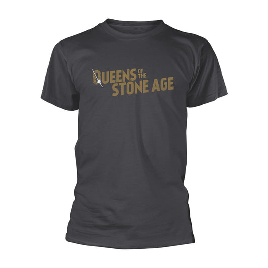 Charcoal grey T-shirt with a gold Queens of the Stone Age logo on chest.