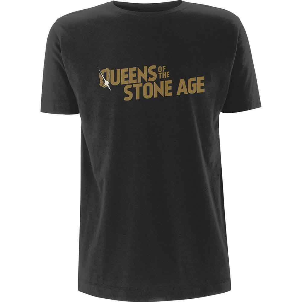 Charcoal t-shirt with metallic gold “Queens of the Stone Age” logo.