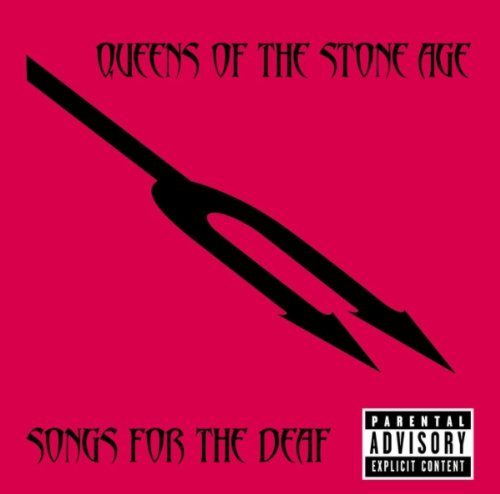 "Red album cover with black trident and 'Queens of the Stone Age' and 'Songs for the Deaf' text."
