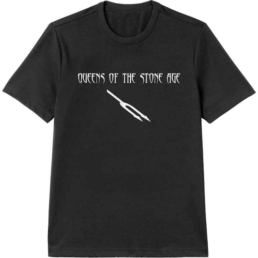 Red t-shirt with black Queens of the Stone Age logo and fork graphic.