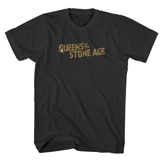 Black t-shirt with gold "Queens Of The Stone Age" logo graphic.
