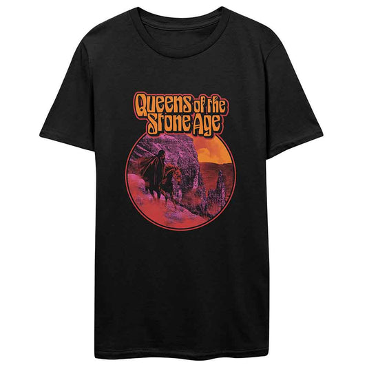 Black t-shirt with a circular "Queens of the Stone Age" album art design.