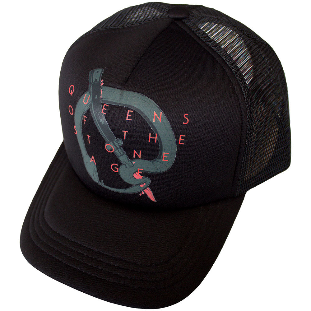 Black mesh-back baseball cap featuring a white Queens of the Stone Age Q emblem.