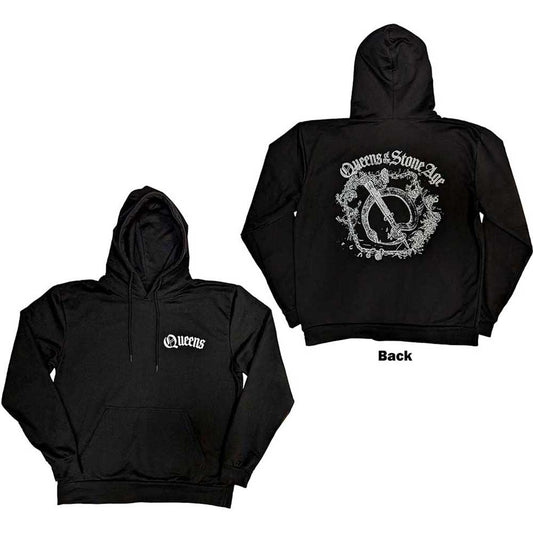 Dark hoodie with floral chain design printed on the back; Queens of the Stone Age.