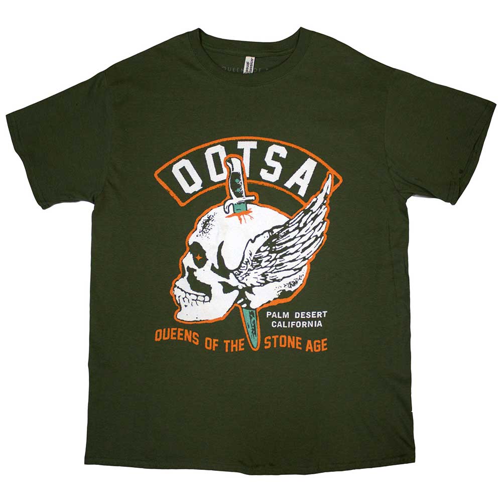 Black t-shirt featuring a white winged skull, Queens of the Stone Age logo.