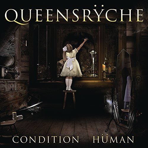 Queensrÿche album cover: young girl in white dress on stool in dimly lit room.