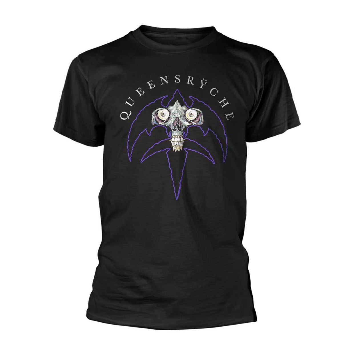 Black t-shirt with a skull and purple wing design, "QUEENSRYCHE" text.